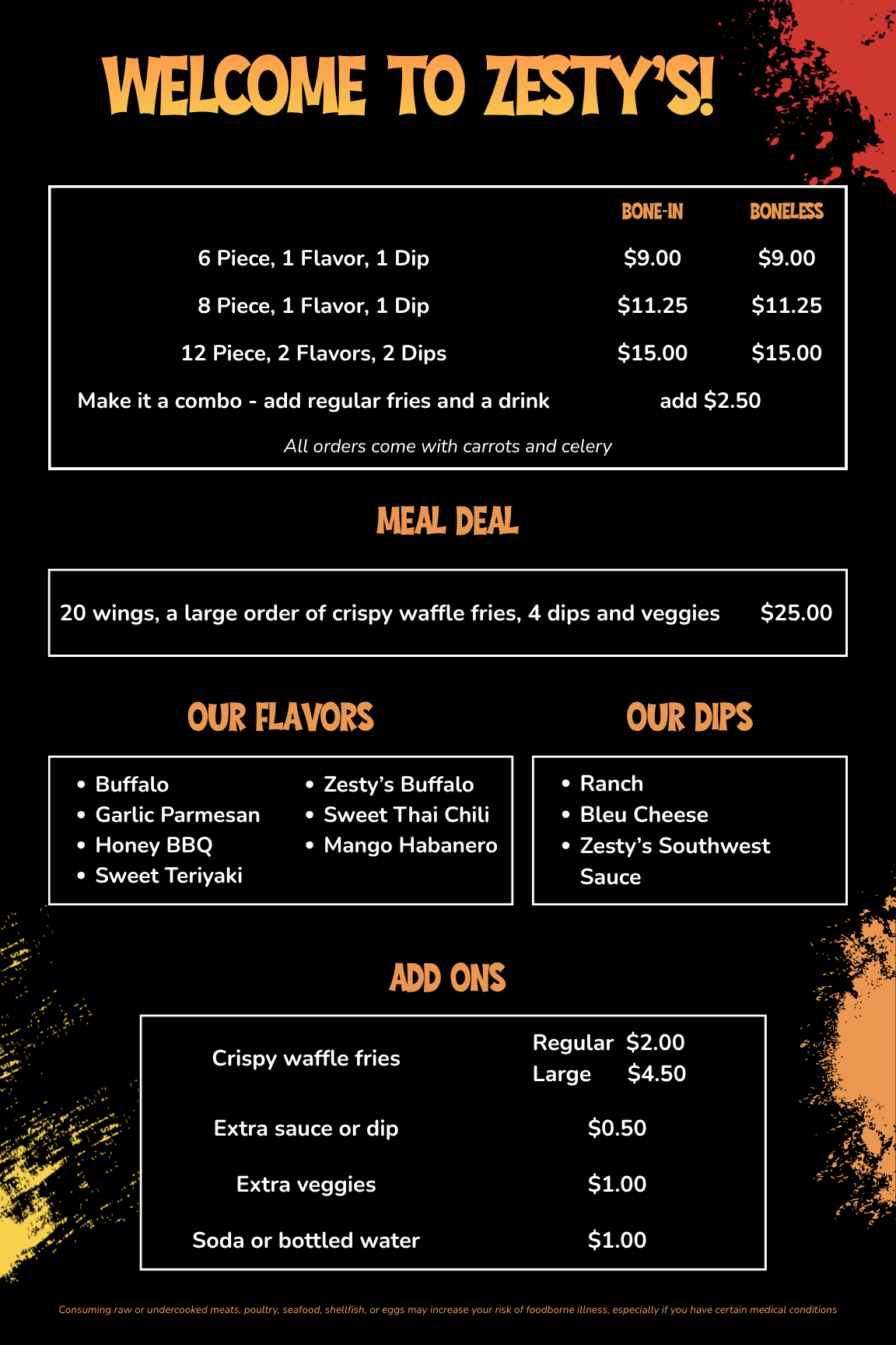 Zesty's Wings full menu